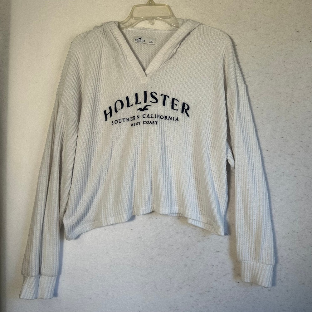 Hollister White Waffle Knit Graphic Hoodie Southern California West Coast Large
